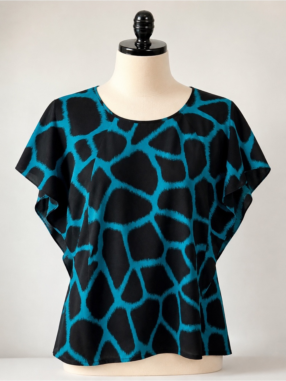 Michael Kors Black and Teal Abstract Flutter-Sleeve Top
